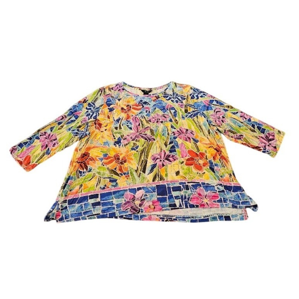 Ali Miles Womens 3X Floral Mosaic Rhinestone Top 3/4 Sleeve Multi-Color Tunic